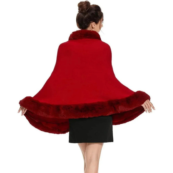 Zlyc Women Winter Faux Fur Shawl Stole Warm Wrap Cape - Red - Picture 5 of 7